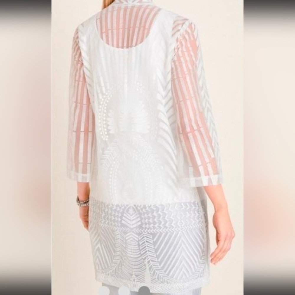 Chico's Sheer Embroidered White & Blush Women's Tunic Cardigan Jacket Top Size 3